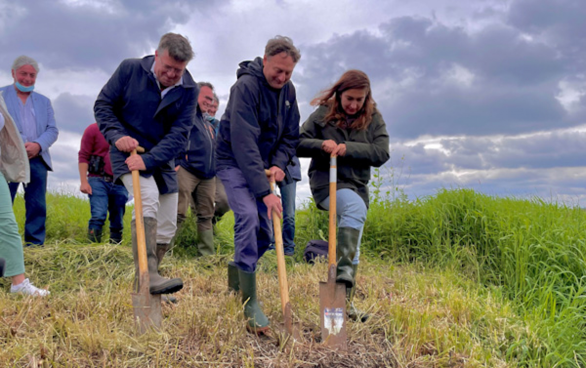 Minister Demir stak samen met Wim Destoop (PepsiCo) en Bart Vangansbeke (Natuurpunt) de spade in de grond om de natuur te vernatten in De Blankaart